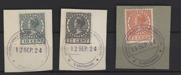 Frankeerzegels Nederland NVPH nrs. 136-138 op briefstukjes met tentoonstellingsstempel